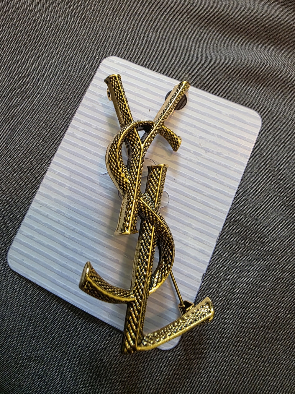 Textured Gold YSL Logo Brooch